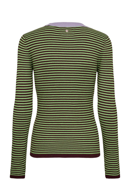 Back view of Numph 706923 NUFILINA Pullover – Fig featuring green and dark purple narrow stripes with a lavender neckline by Numph. Shop Numph at Dotique.