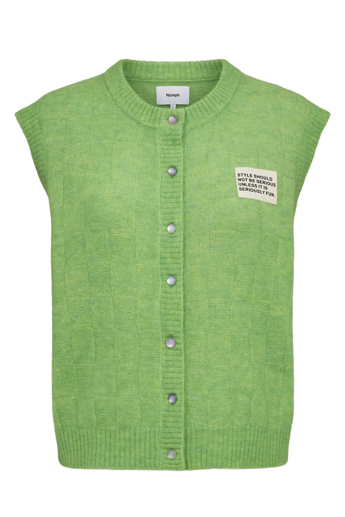 Numph 706928 NURIETTE CHECK VEST – Jasmine Green sleeveless button-up vest with check pattern and patch detail by Numph. Shop Numph at Dotique.