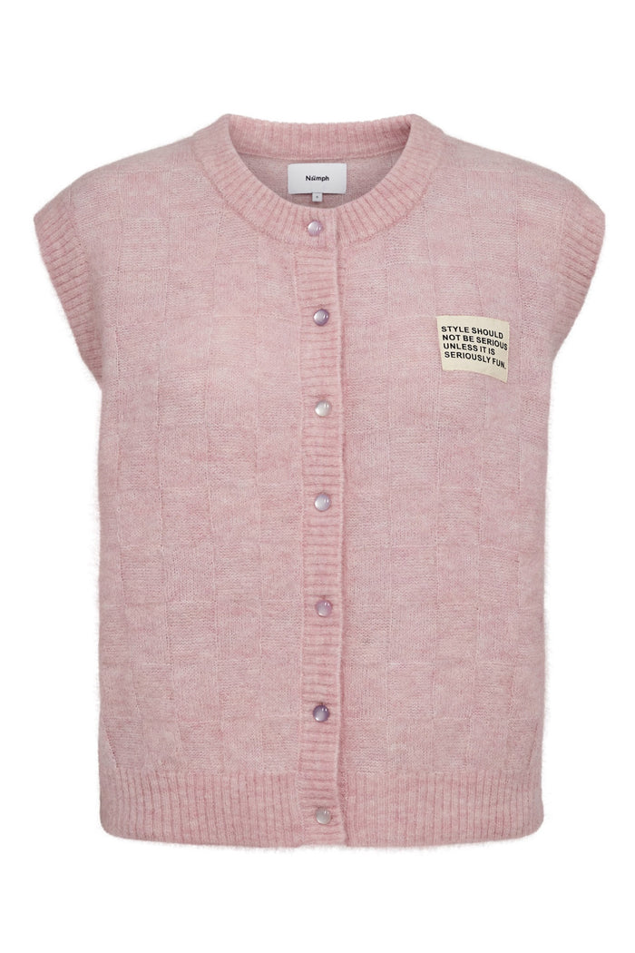 Numph 706928 NURIETTE CHECK VEST – Pink Lady sleeveless knit vest with check pattern and front buttons by Numph. Shop Numph at Dotique.