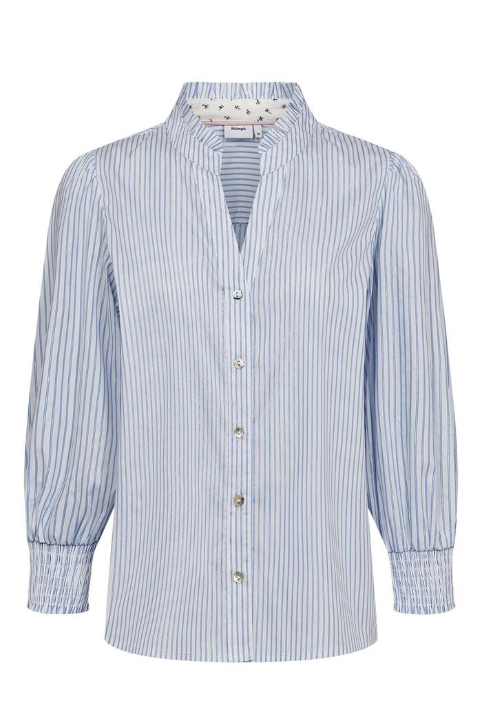 Numph 707070 Nulili Blouse Floaty Blue with vertical blue stripes, mandarin collar, and gathered cuffs by Numph. Shop Numph at Dotique.
