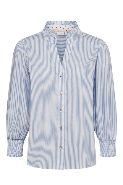 Numph 707070 Nulili Blouse Floaty Blue with vertical blue stripes, mandarin collar, and gathered cuffs by Numph. Shop Numph at Dotique.