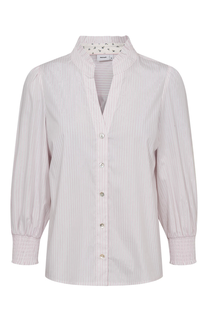 Numph 707070 Nulili Blouse Pink Lady with light pink stripes, button front, smocked cuffs, and a mandarin collar by Numph. Shop Numph at Dotique.