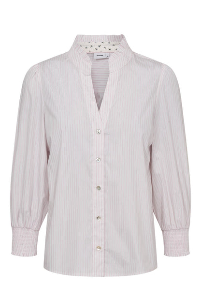 Numph 707070 Nulili Blouse Pink Lady with light pink stripes, button front, smocked cuffs, and a mandarin collar by Numph. Shop Numph at Dotique.