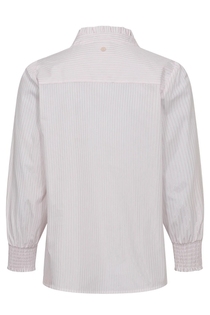 Back view of Numph 707070 Nulili Blouse Pink Lady featuring thin vertical stripes, smocked cuffs, and a subtle mandarin collar by Numph. Shop Numph at Dotique.