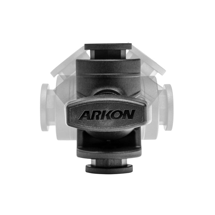 Front view of the black OCTO™ Series 2.5 inch Ratchet Elbow with a single socket arm, featuring transparent overlays that illustrate its rotational movement range, isolated on a white background.