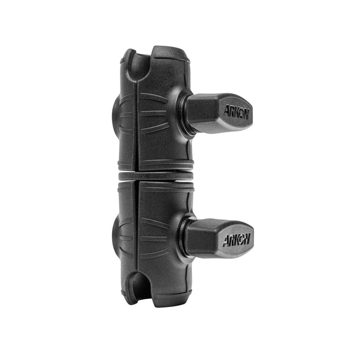 The OCTO™ Series 4.25 inch Double Socket Swivel Shaft Arm with a textured surface, AMRON-labeled knobs, 25mm mount compatibility, and double-ball rotation is positioned vertically against a white background.