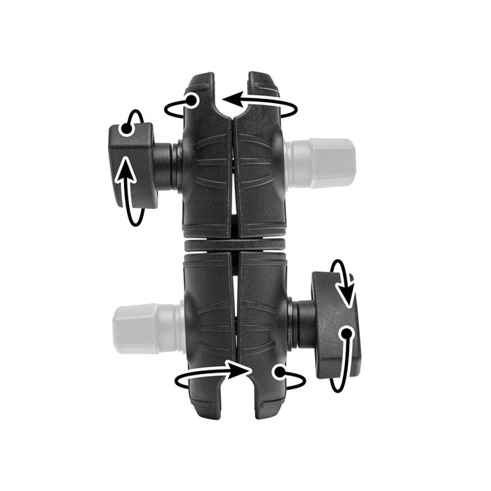 The OCTO™ Series 4.25 inch Double Socket Swivel Shaft Arm is a black adjustable clamp with two gray knobs, featuring double-ball rotation and white arrows indicating the rotation directions, shown against a white background.