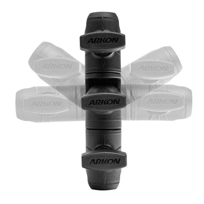 A black OCTO™ Series 6 inch Ratcheting Swivel Shaft Arm is centered, flanked by two faded duplicates to show its adjustable rotation on a white background.