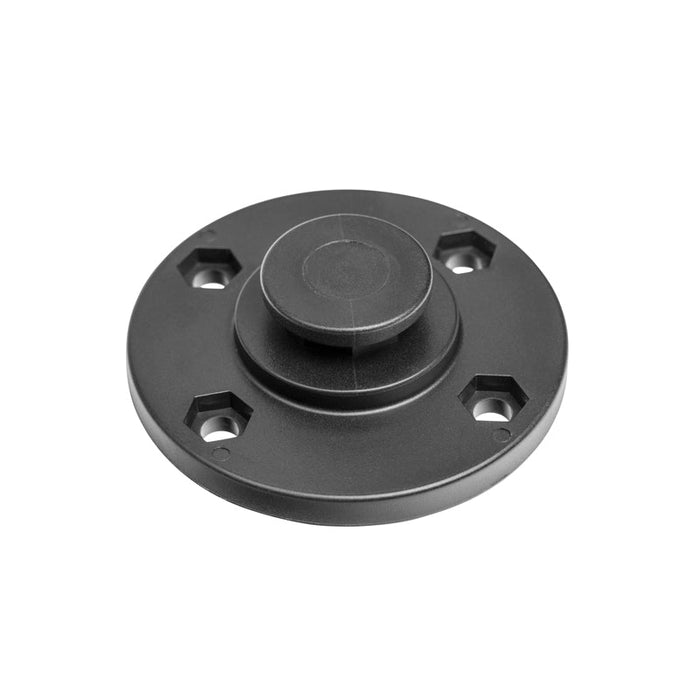 The OCTO™ Series Button Pattern to 4-Hole AMPS Round Adapter is a black, round plastic mounting plate with a raised center and four hexagonal holes, shown on a white background.