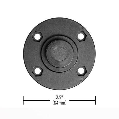 The OCTO™ Series Button Pattern to 4-Hole AMPS Round Adapter is a black circular metal plate with four mounting holes and a raised center, measuring 2.5 inches (64mm) in diameter as shown by a double-sided arrow below the base.