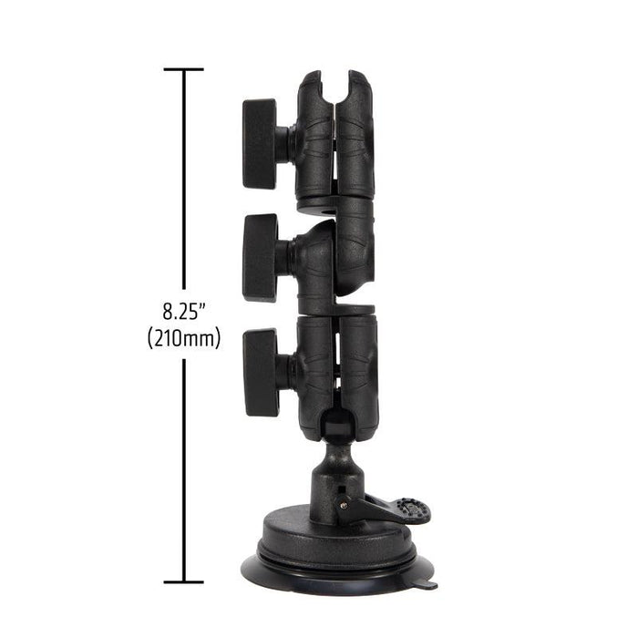 Side view of the OCTO™ Series Ratcheting Suction Mount in black, featuring three adjustable joints and a total height of 8.25 inches (210mm).