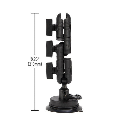 Side view of the OCTO™ Series Ratcheting Suction Mount in black, featuring three adjustable joints and a total height of 8.25 inches (210mm).