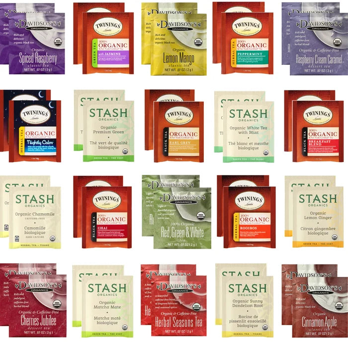Organic Tea Bags Sampler - Stash, Twinings, Davidsons - 40 Ct, 20 Flavors -