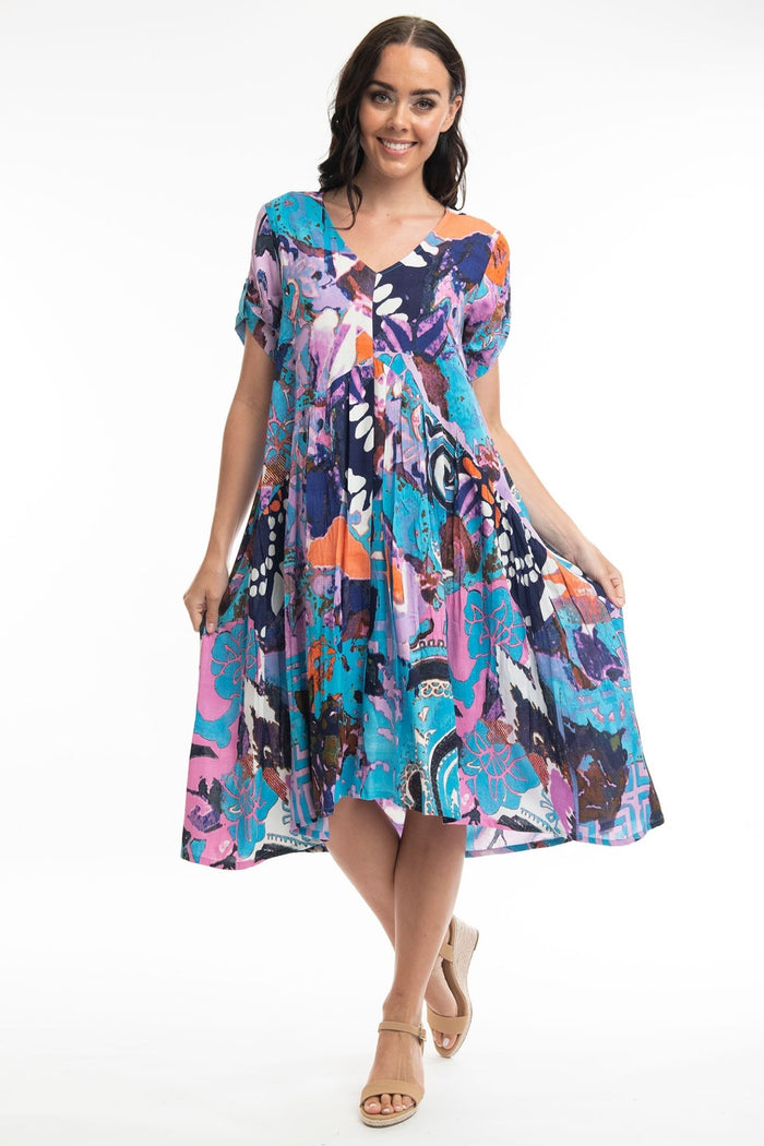Orientique 21024 Peak Orient Blue V-Neck Cotton Dress - Dotique