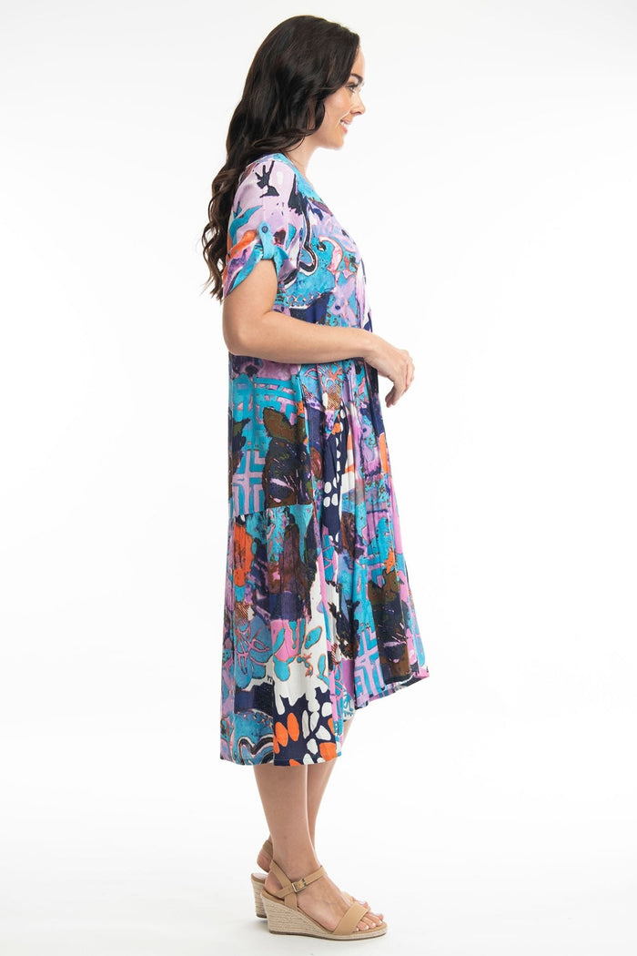 Orientique 21024 Peak Orient Blue V-Neck Cotton Dress - Dotique