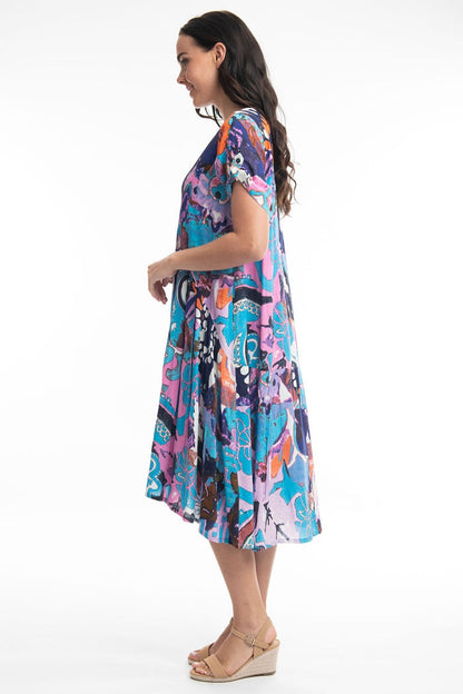 Orientique 21024 Peak Orient Blue V-Neck Cotton Dress - Dotique