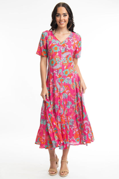 Orientique 41000 Pink Symi Print V-Neck Short Sleeve Dress - Dotique