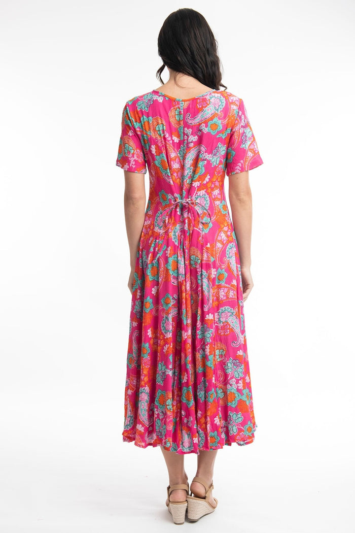 Orientique 41000 Pink Symi Print V-Neck Short Sleeve Dress - Dotique