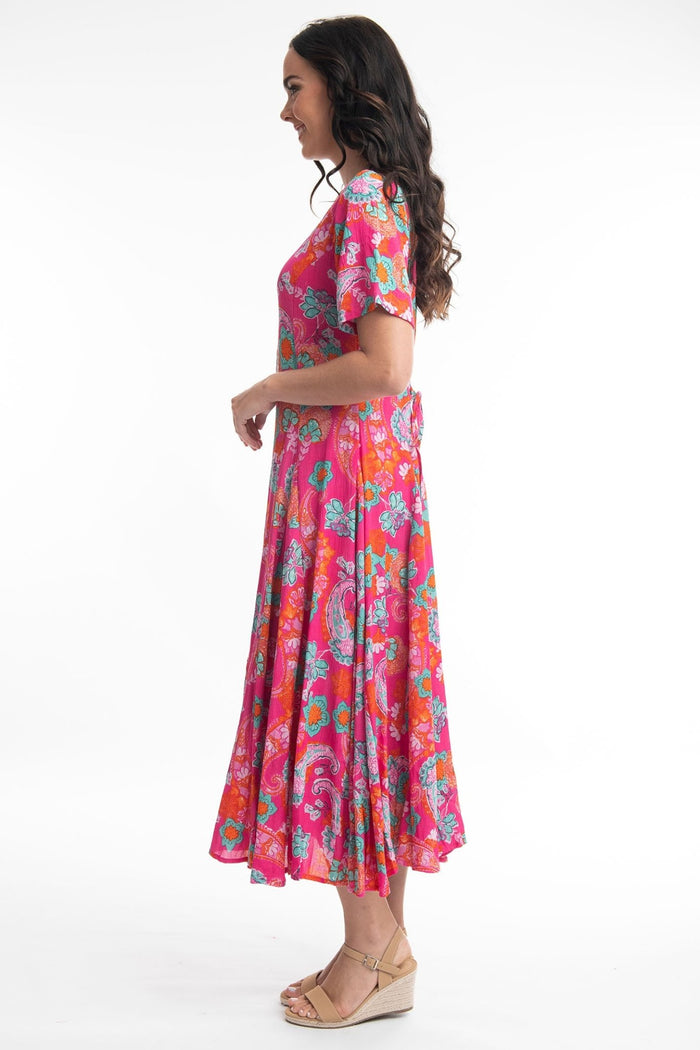 Orientique 41000 Pink Symi Print V-Neck Short Sleeve Dress - Dotique