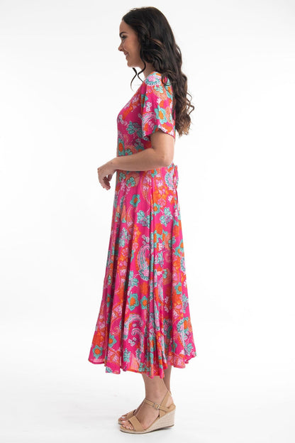 Orientique 41000 Pink Symi Print V-Neck Short Sleeve Dress - Dotique