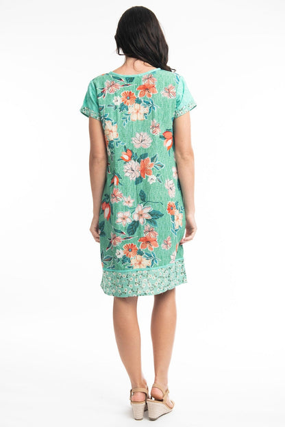Orientique 61597 Green Kaleici Print Round Neck Dress- Dotique