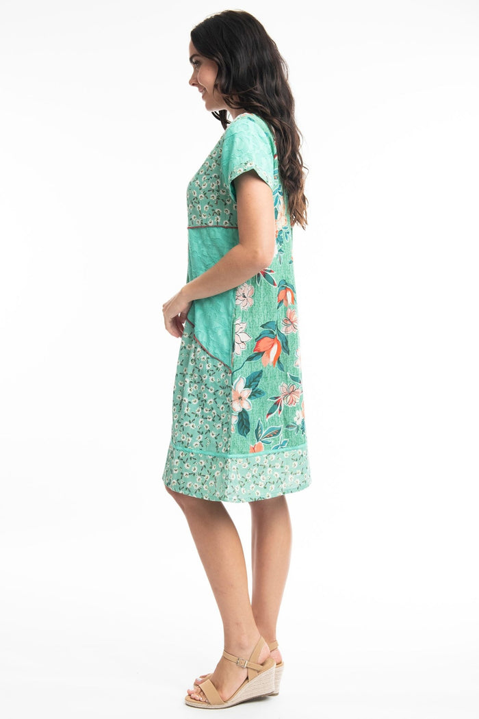 Orientique 61597 Green Kaleici Print Round Neck Dress- Dotique