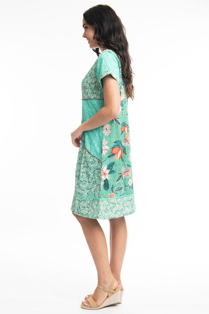 Orientique 61597 Green Kaleici Print Round Neck Dress- Dotique