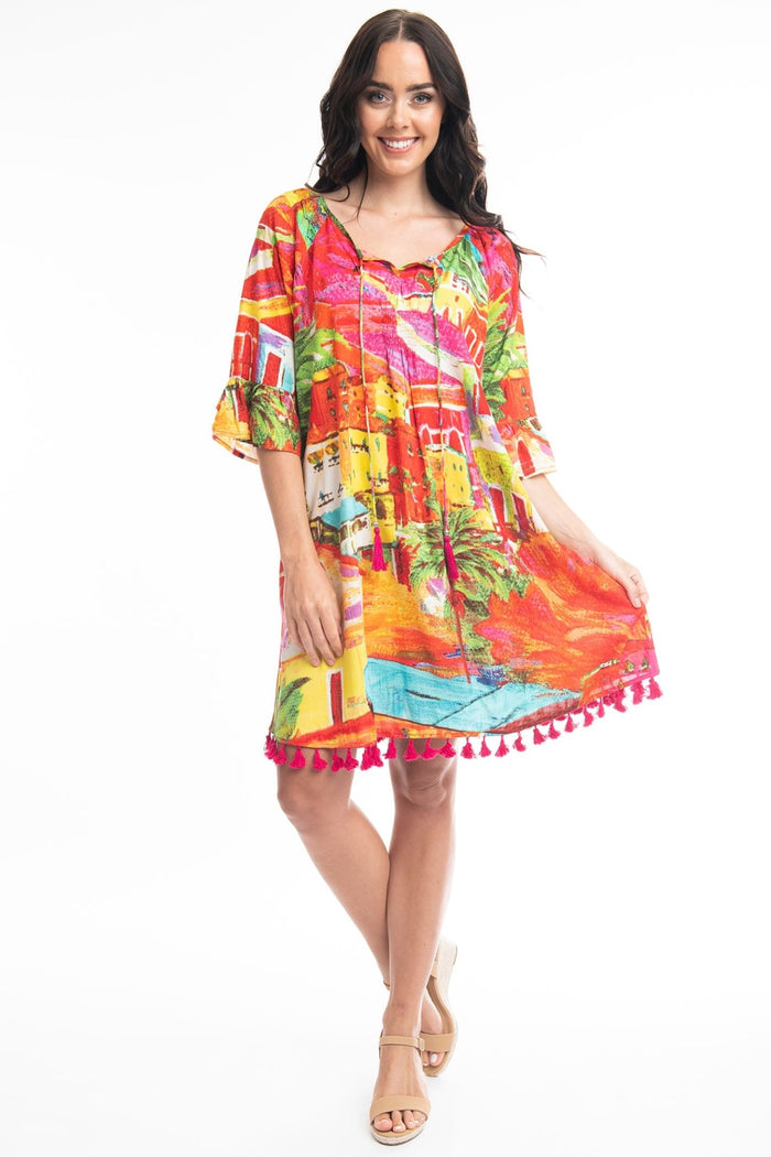 Orientique Aiya Napa 3077 Orange Print Tassle Hem Dress - Dotique