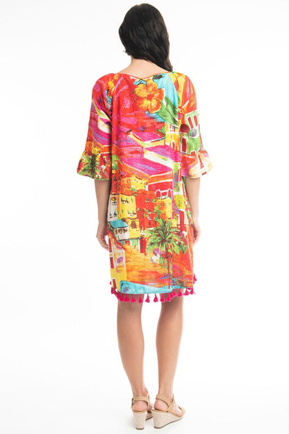 Orientique Aiya Napa 3077 Orange Print Tassle Hem Dress - Dotique