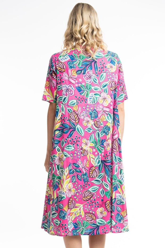 Orientique Balat 81263 Pink Tropical Print Pleat Front V-Neck Dress - Dotique