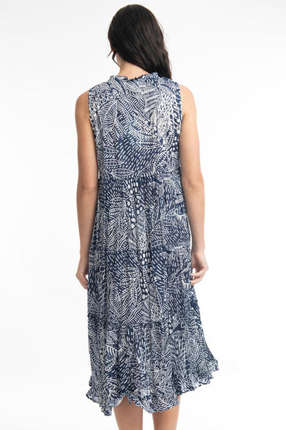 Orientique Leros 41098 Navy Print Tassle Neck Dress - Dotique