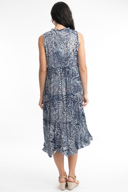Orientique Leros 41098 Navy Print Tassle Neck Dress - Dotique