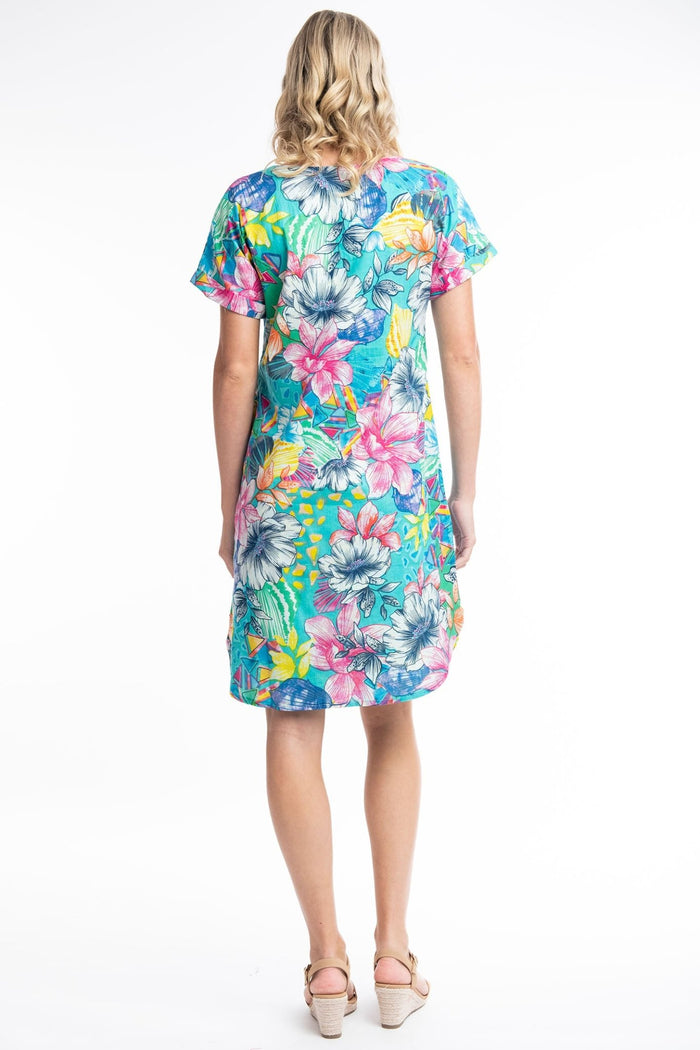 Orientique Los 3090 Blue Floral Print Reversible Short Sleeve Dress - Dotique