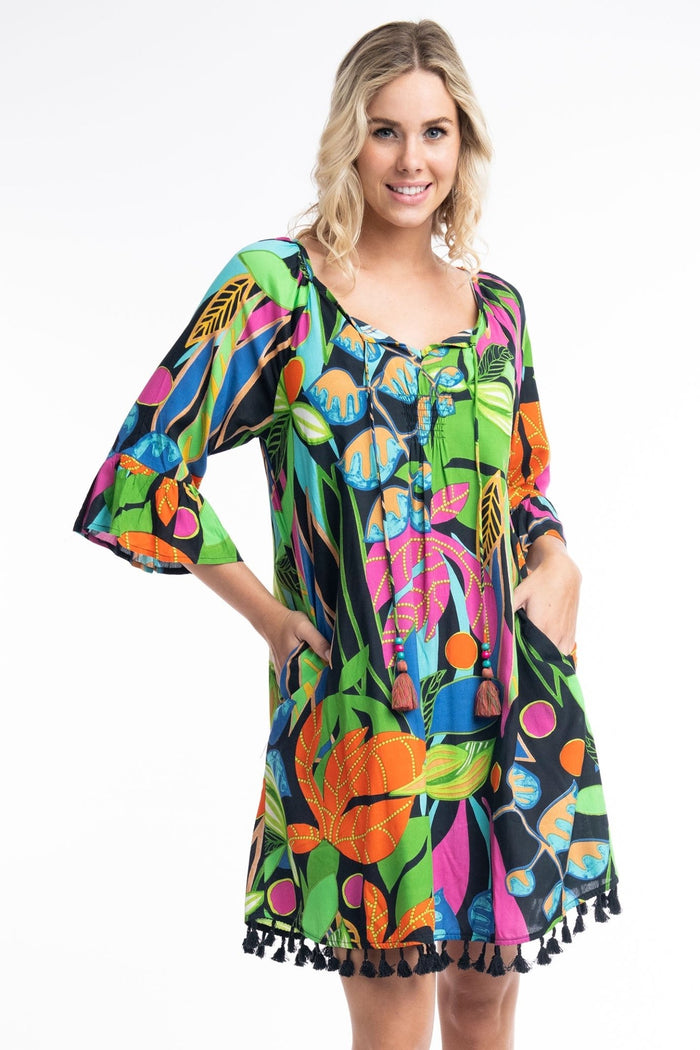 Orientique Nicossia 9184 Black Tropical Print Tassle Hem Dress - Dotique