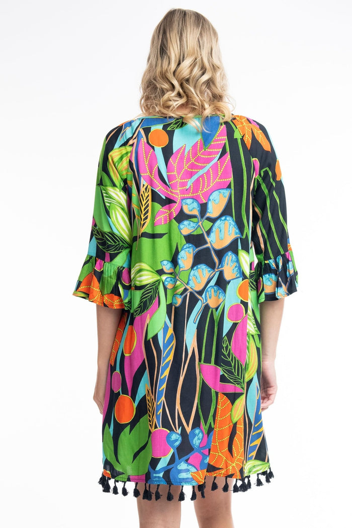 Orientique Nicossia 9184 Black Tropical Print Tassle Hem Dress - Dotique