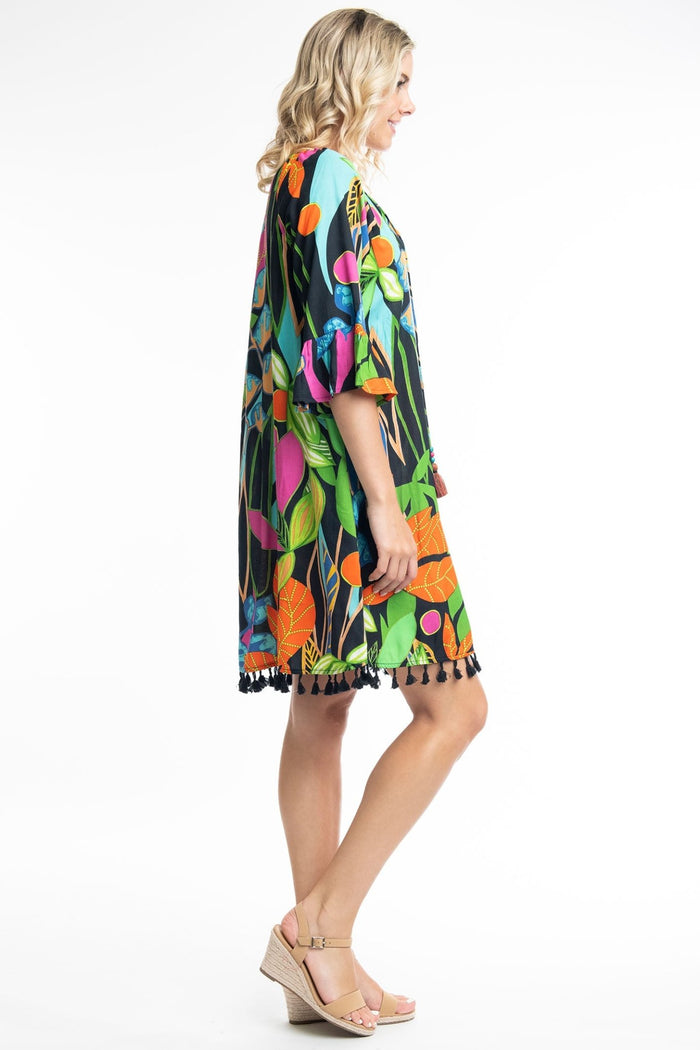 Orientique Nicossia 9184 Black Tropical Print Tassle Hem Dress - Dotique