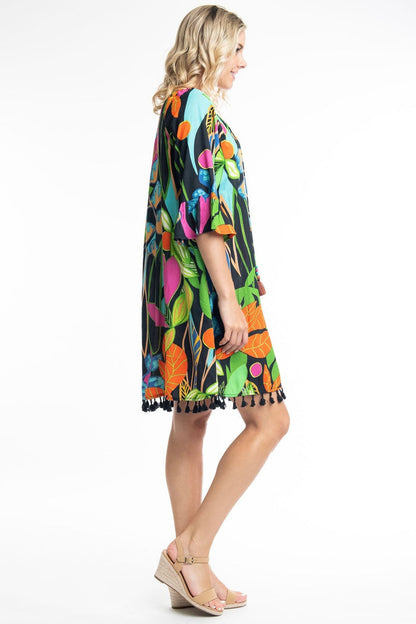 Orientique Nicossia 9184 Black Tropical Print Tassle Hem Dress - Dotique