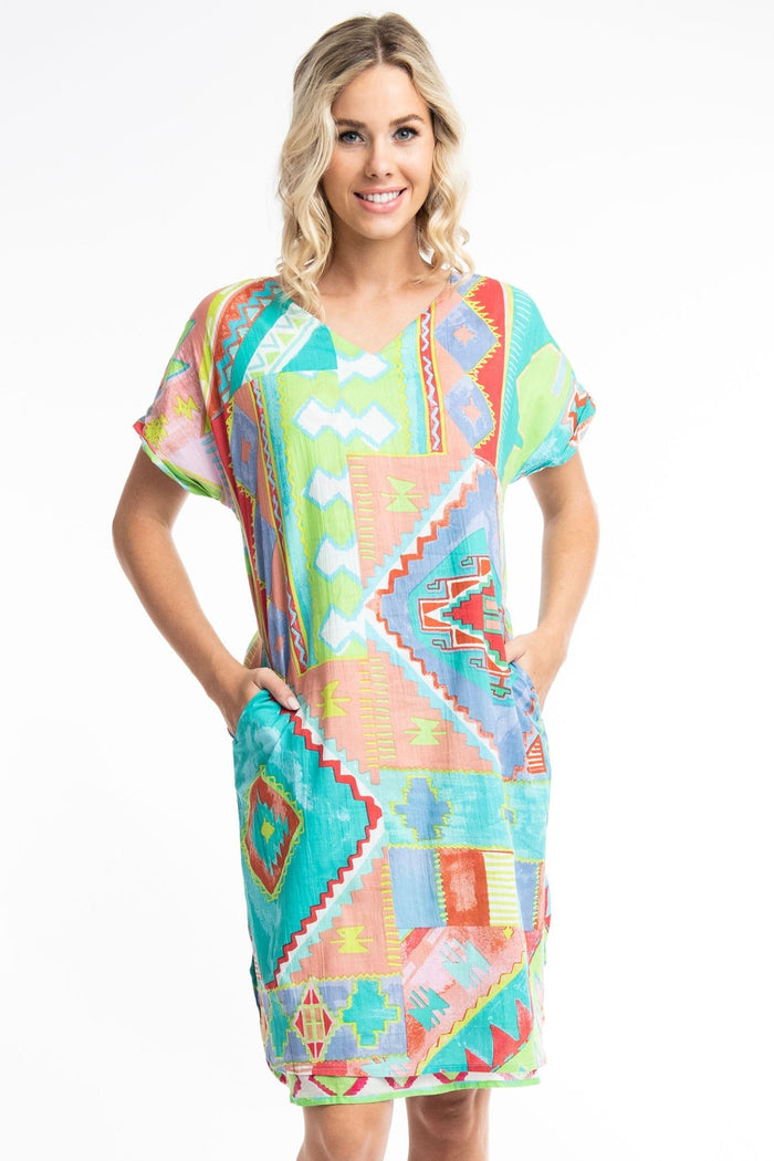 Orientique Zio 41009 Turquoise Print Reversible Short Sleeve Dress - Dotique