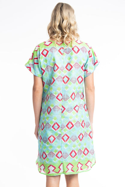 Orientique Zio 41009 Turquoise Print Reversible Short Sleeve Dress - Dotique