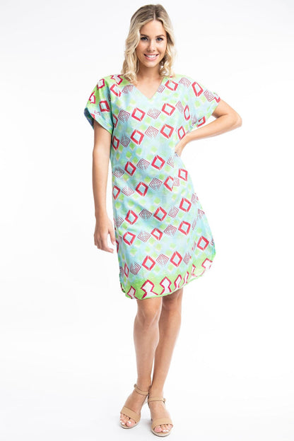 Orientique Zio 41009 Turquoise Print Reversible Short Sleeve Dress - Dotique