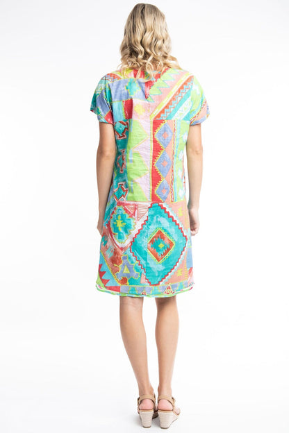 Orientique Zio 41009 Turquoise Print Reversible Short Sleeve Dress - Dotique