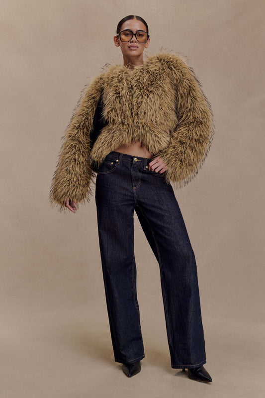 Ottie Mongolian Faux Fur Cropped Jacket - Brown Multi