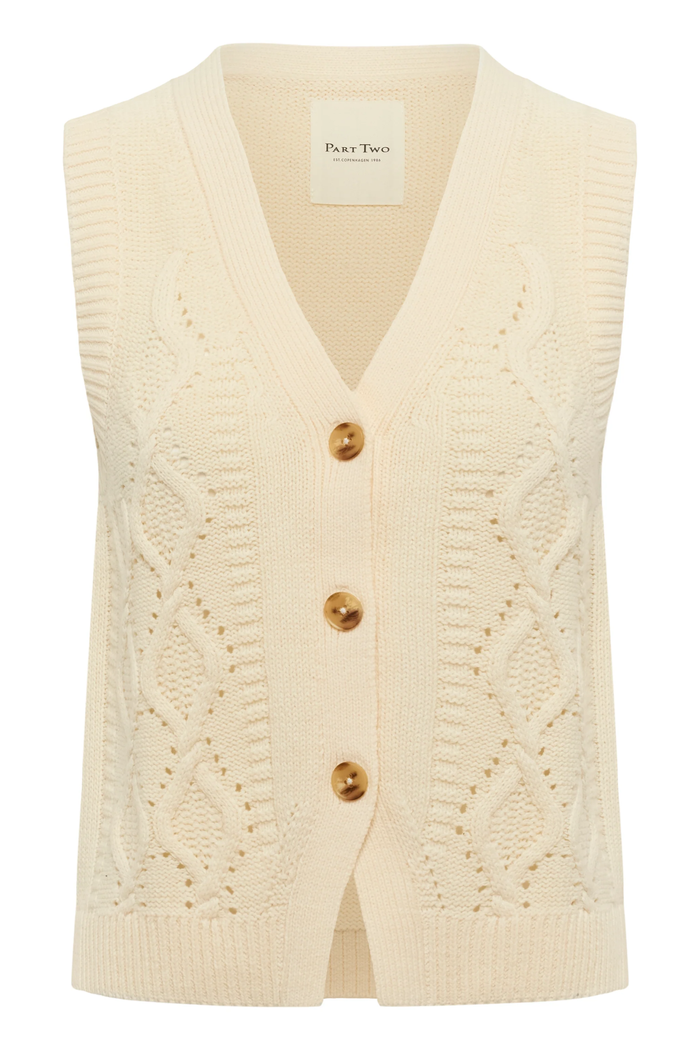 Model wearing the Part Two ChristinPW cream cable knit button-through waistcoat. Shop Part Two at Dotique.