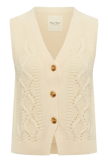 Model wearing the Part Two ChristinPW cream cable knit button-through waistcoat. Shop Part Two at Dotique.