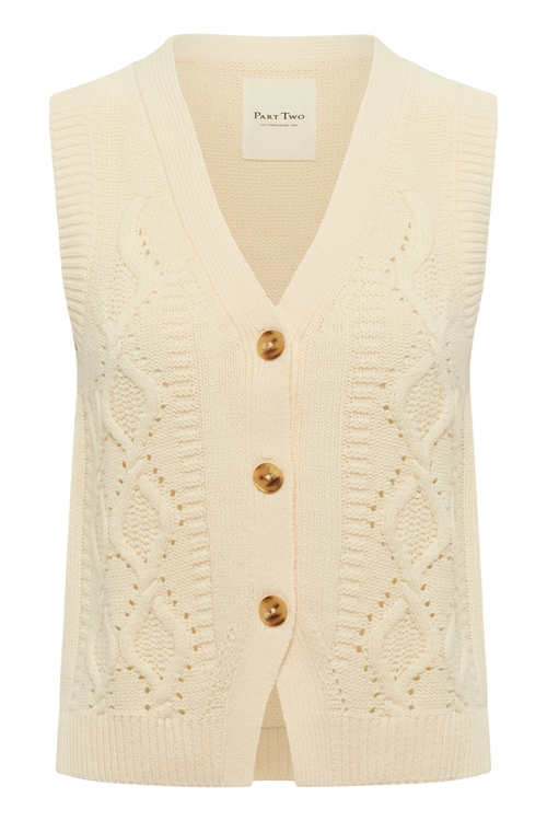 Model wearing the Part Two ChristinPW cream cable knit button-through waistcoat. Shop Part Two at Dotique.