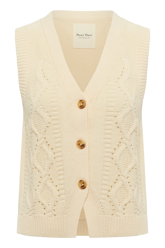 Model wearing the Part Two ChristinPW cream cable knit button-through waistcoat. Shop Part Two at Dotique.