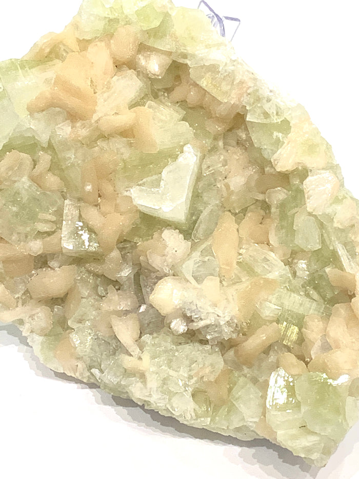 #3 Peach Stilbite with Greem Apophyllite on a white background, front view.