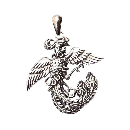 A solid sterling silver phoenix pendant, a beautiful and detailed symbol of rebirth and renewal, with intricate feathers.
