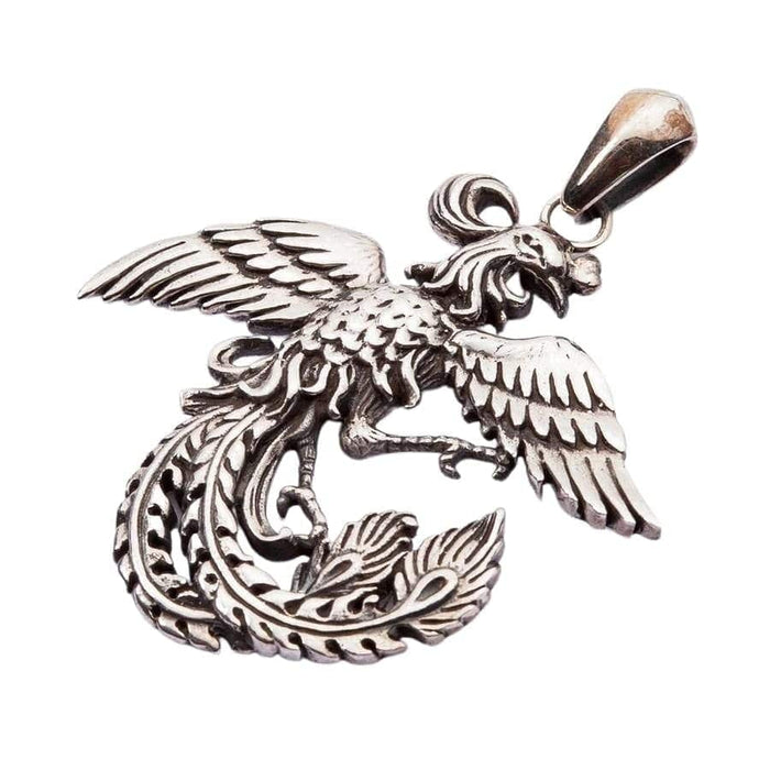 A premium, handcrafted mythical bird pendant of a phoenix rising from the ashes, a piece of powerful fantasy jewelry.