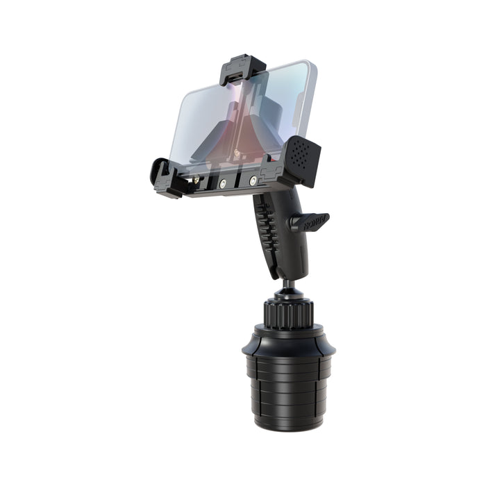 The Phone Cup Holder Mount with LockVise™ Locking Holder - 25mm securely holds your smartphone upright in your vehicle’s cup holder, featuring a rotating mechanism and grip handle for easy adjustment. The LockVise™ locking system ensures your device stays firmly in place, even on bumpy roads.